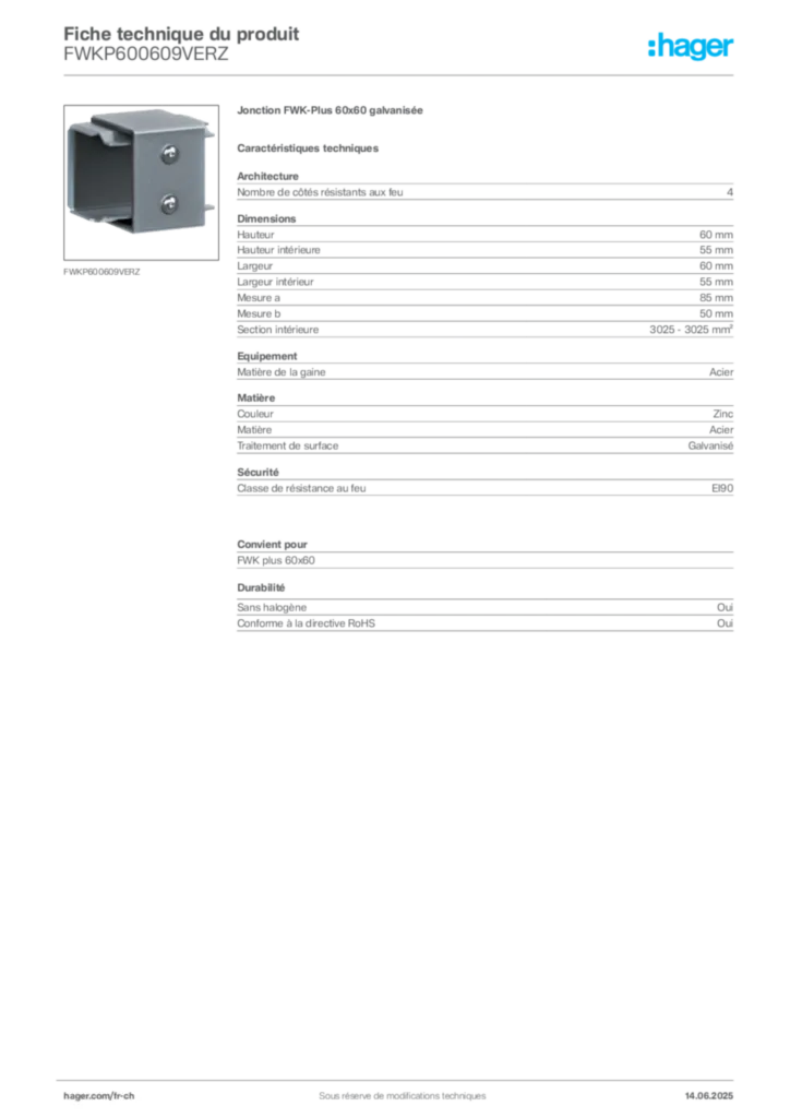 Image Hager Fiche technique du produit FWKP600609VERZ | Hager Suisse