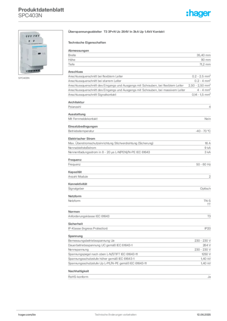 Bild Hager Produktdatenblatt SPC403N | Hager Deutschland