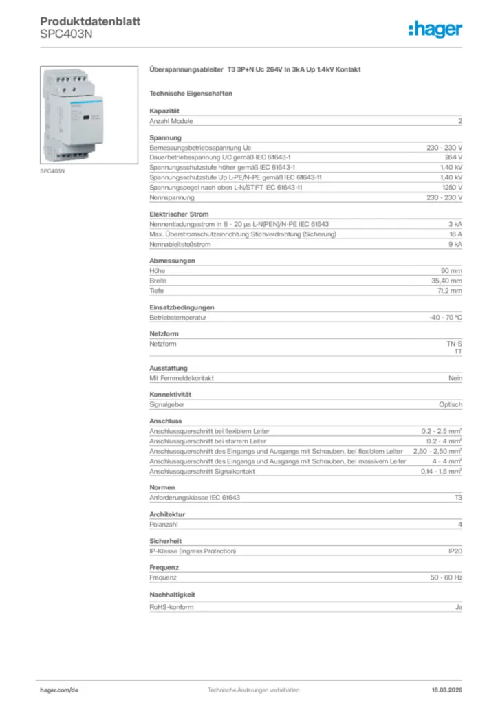 Bild Hager Produktdatenblatt SPC403N | Hager Deutschland