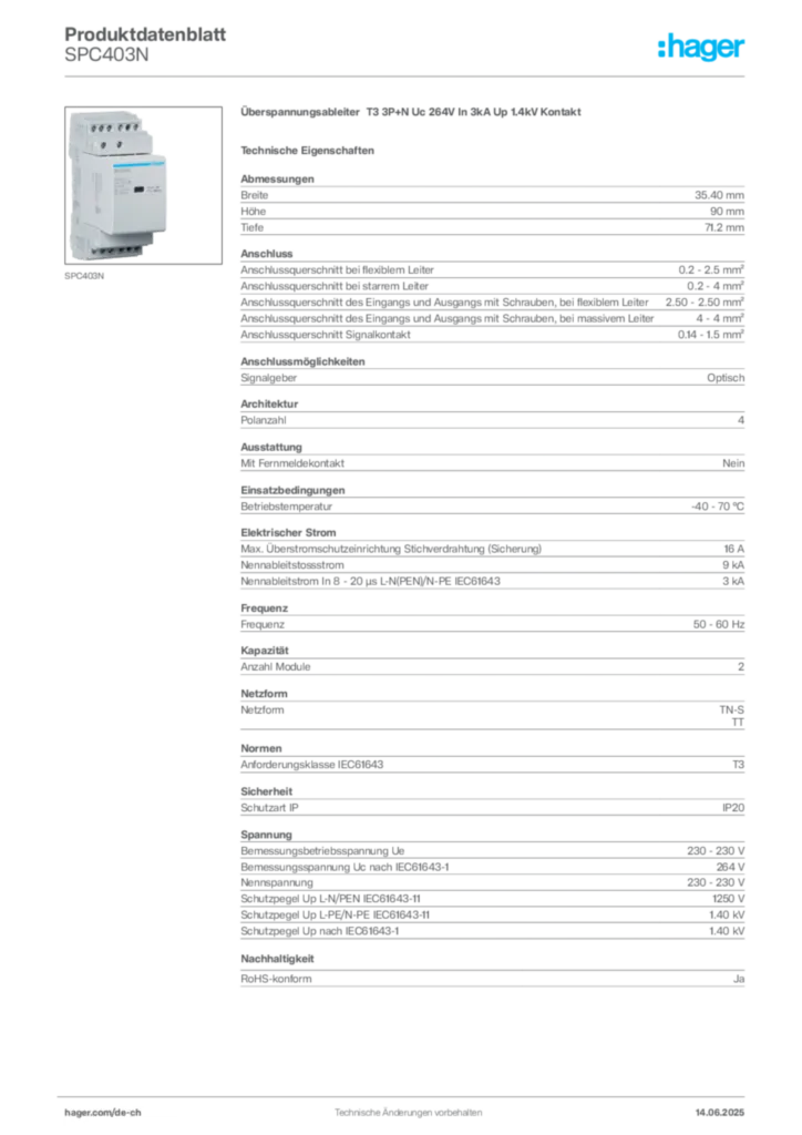 Bild Hager Produktdatenblatt SPC403N | Hager Schweiz