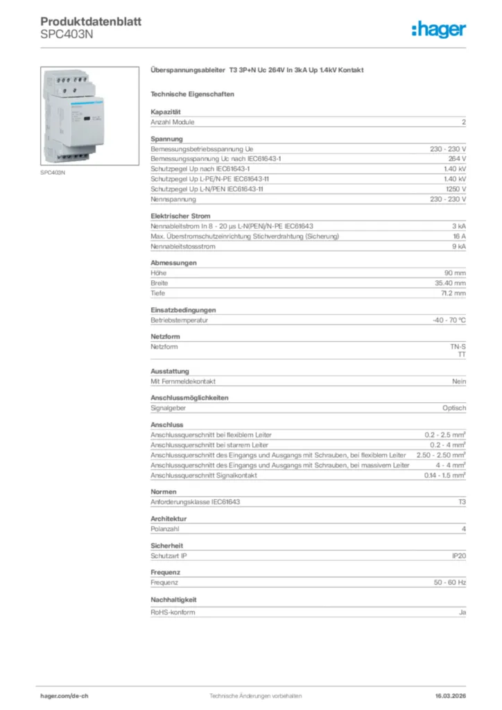 Bild Hager Produktdatenblatt SPC403N | Hager Schweiz