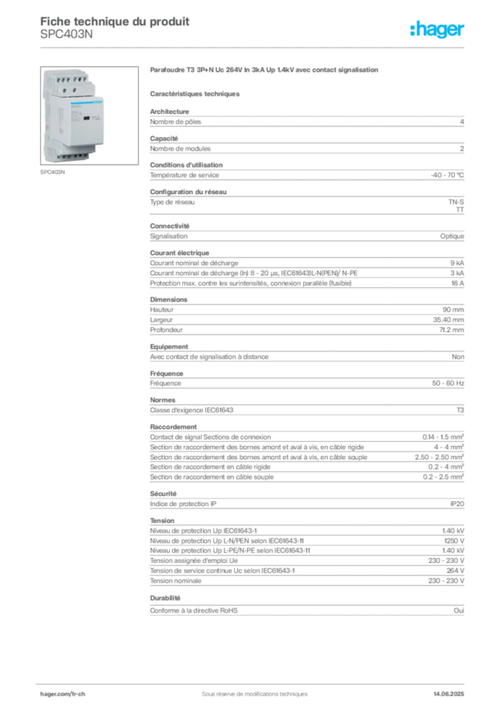 Image Hager Fiche technique du produit SPC403N | Hager Suisse