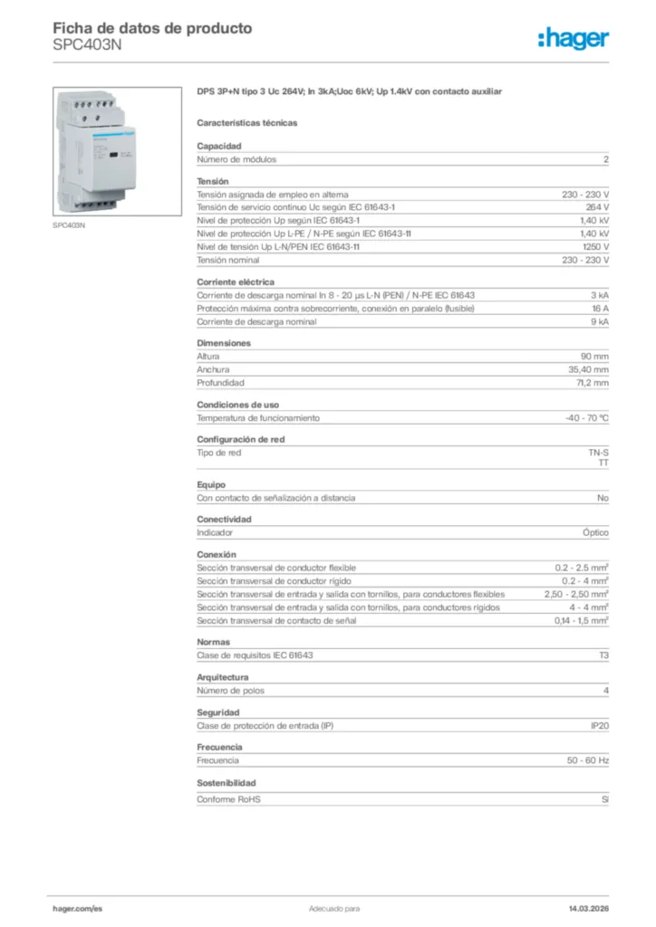 Imagen Hager Ficha de datos de producto SPC403N | Hager España