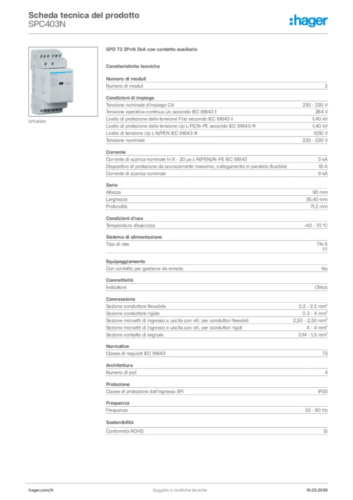 Immagine Hager Scheda tecnica del prodotto SPC403N | Hager Italia