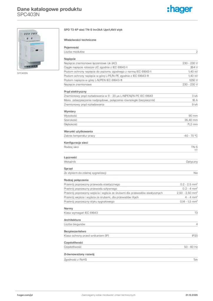 Zdjęcie Hager Dane katalogowe produktu SPC403N | Hager Polska