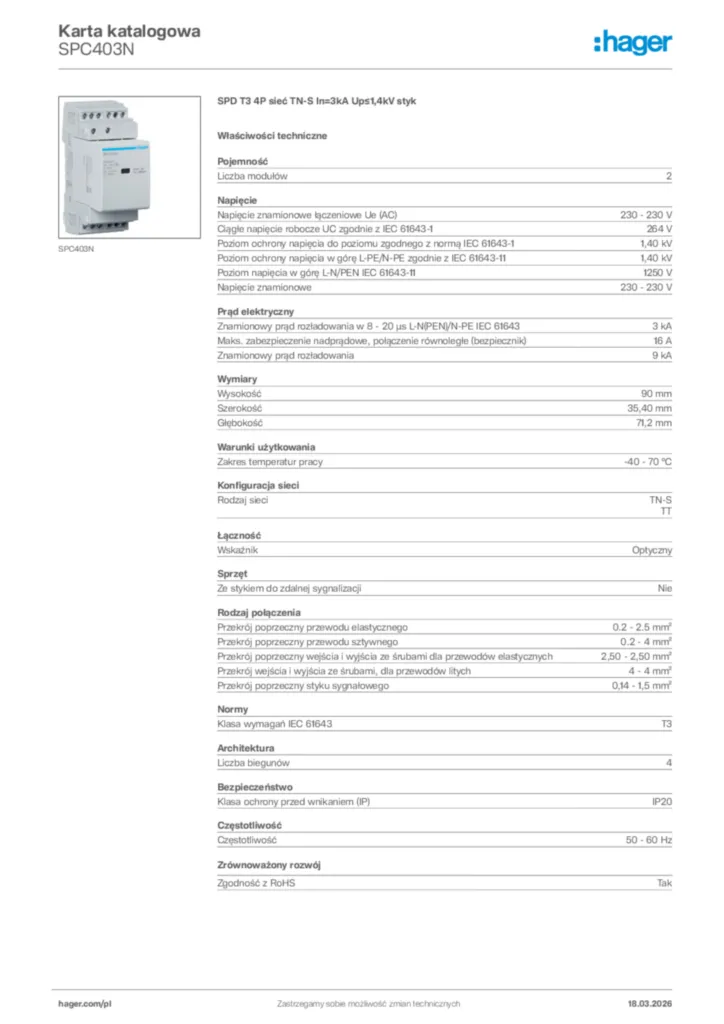 Zdjęcie Hager Karta katalogowa SPC403N | Hager Polska