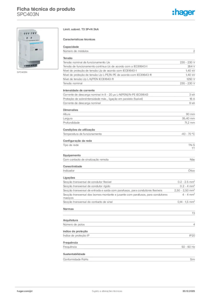 Imagem Hager Ficha técnica do produto SPC403N | Hager Portugal