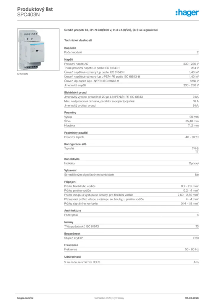 Obrázek Hager Product data sheet SPC403N | Hager