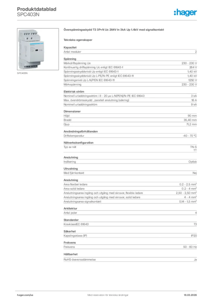 Bild Hager Produktdatablad SPC403N | Hager Sverige