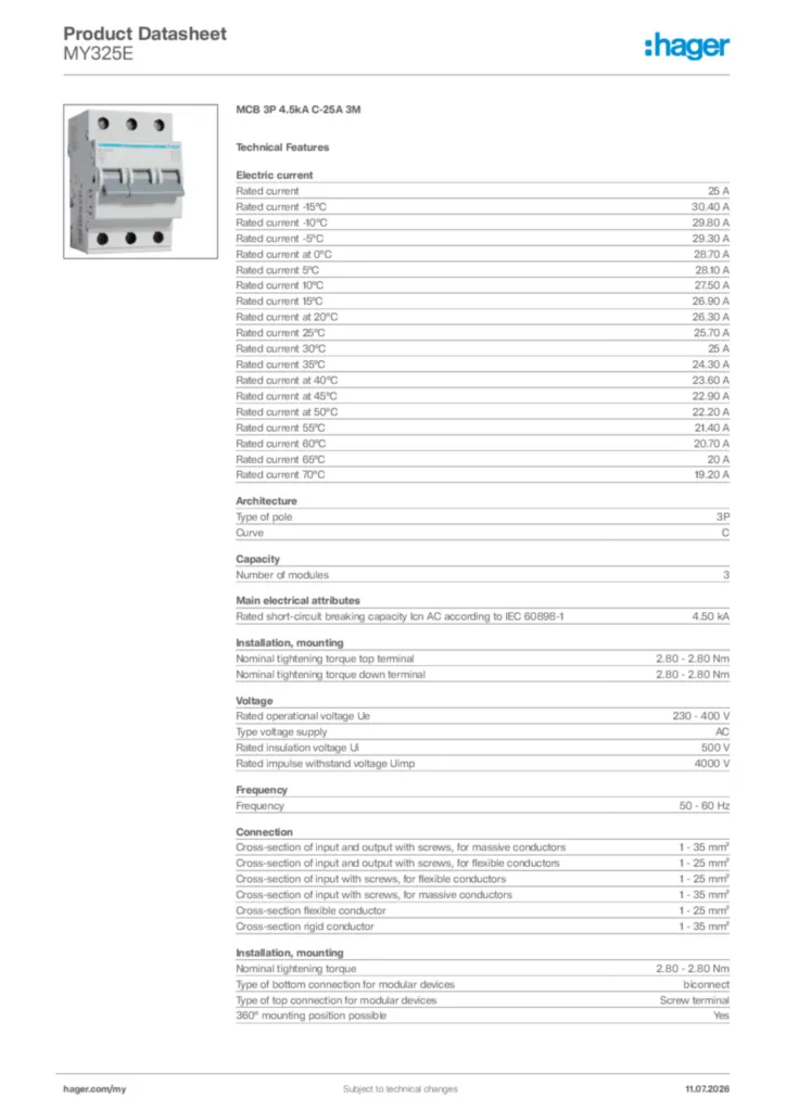 Image Hager Product data sheet MY325E  | Hager