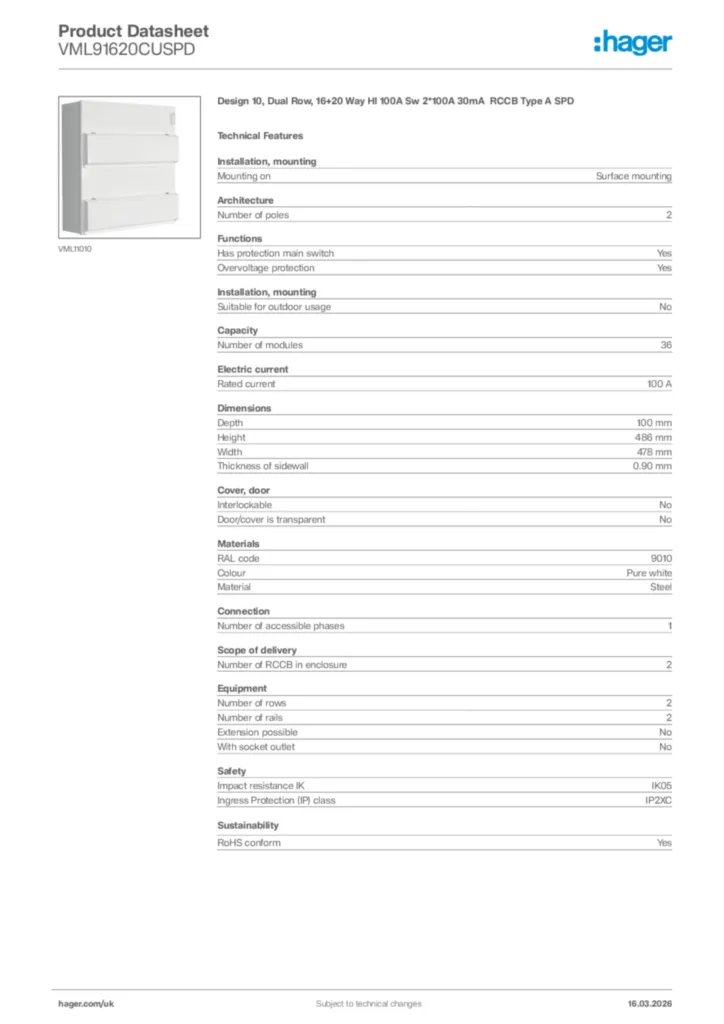 Image Hager Product data sheet VML91620CUSPD  | Hager