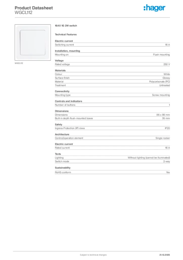 Image Hager Product data sheet WGCL112  | Hager Africa