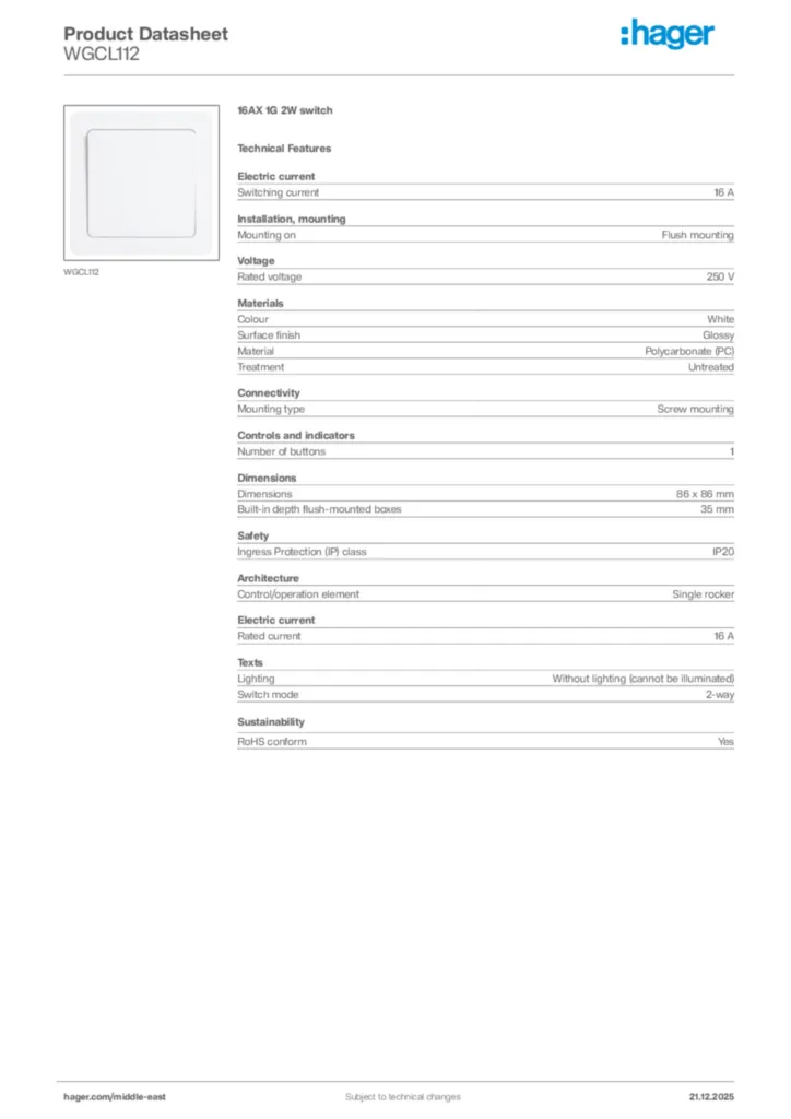 Image Hager Product data sheet WGCL112  | Hager