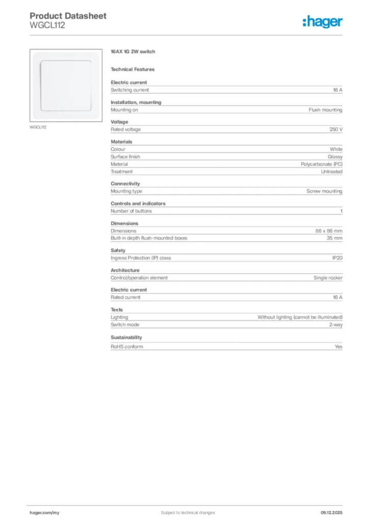Image Hager Product data sheet WGCL112  | Hager