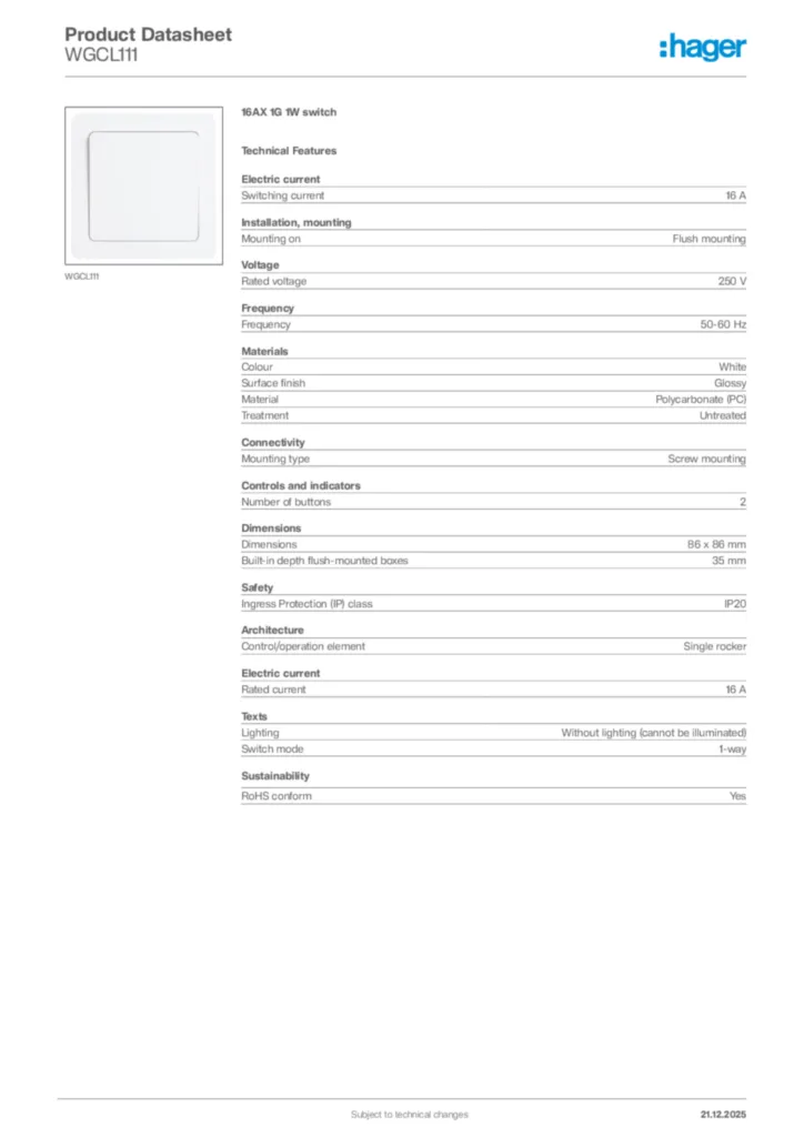 Image Hager Product data sheet WGCL111  | Hager Africa