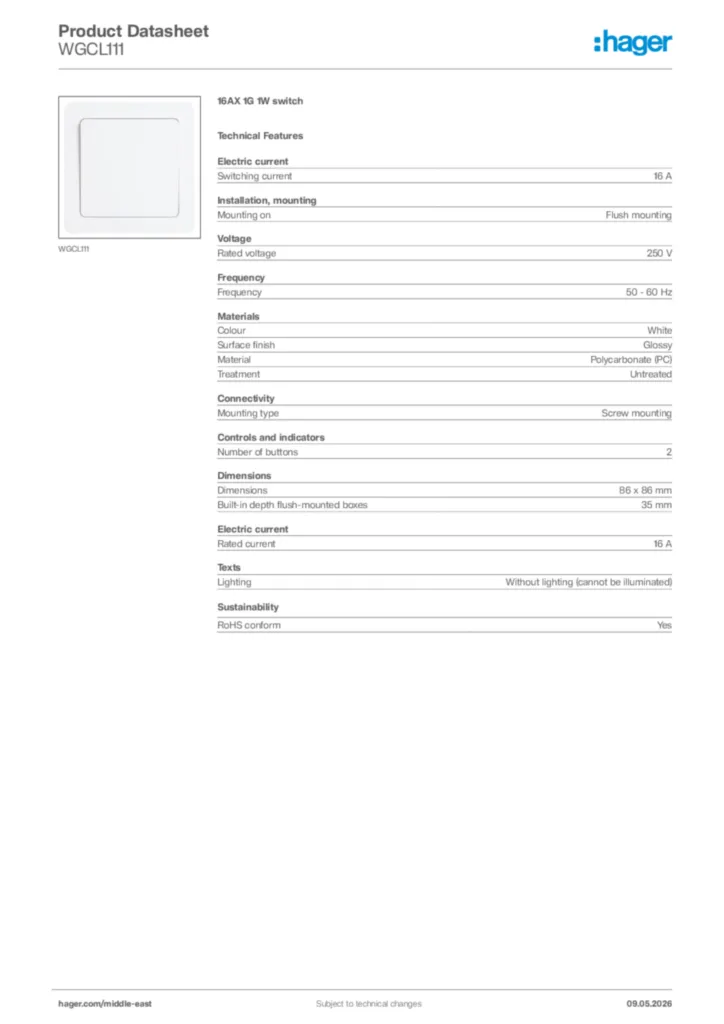 Image Hager Product data sheet WGCL111  | Hager