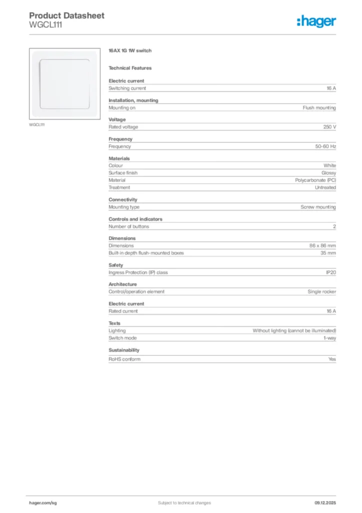 Image Hager Product data sheet WGCL111  | Hager