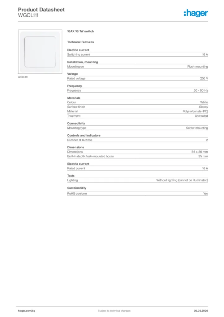 Image Hager Product data sheet WGCL111  | Hager