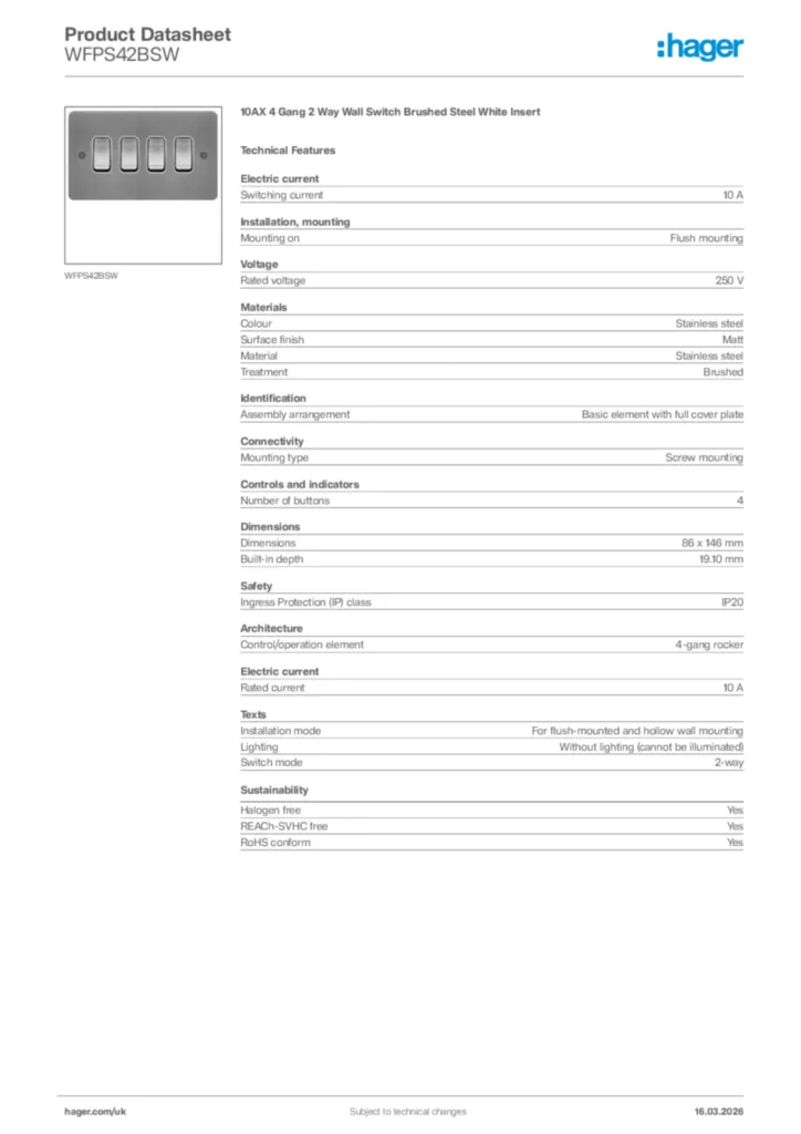Image Hager Product data sheet WFPS42BSW  | Hager