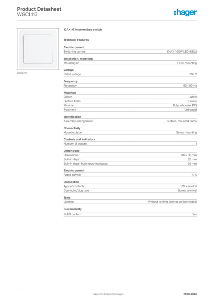 Image Hager Product data sheet WGCL113  | Hager Africa