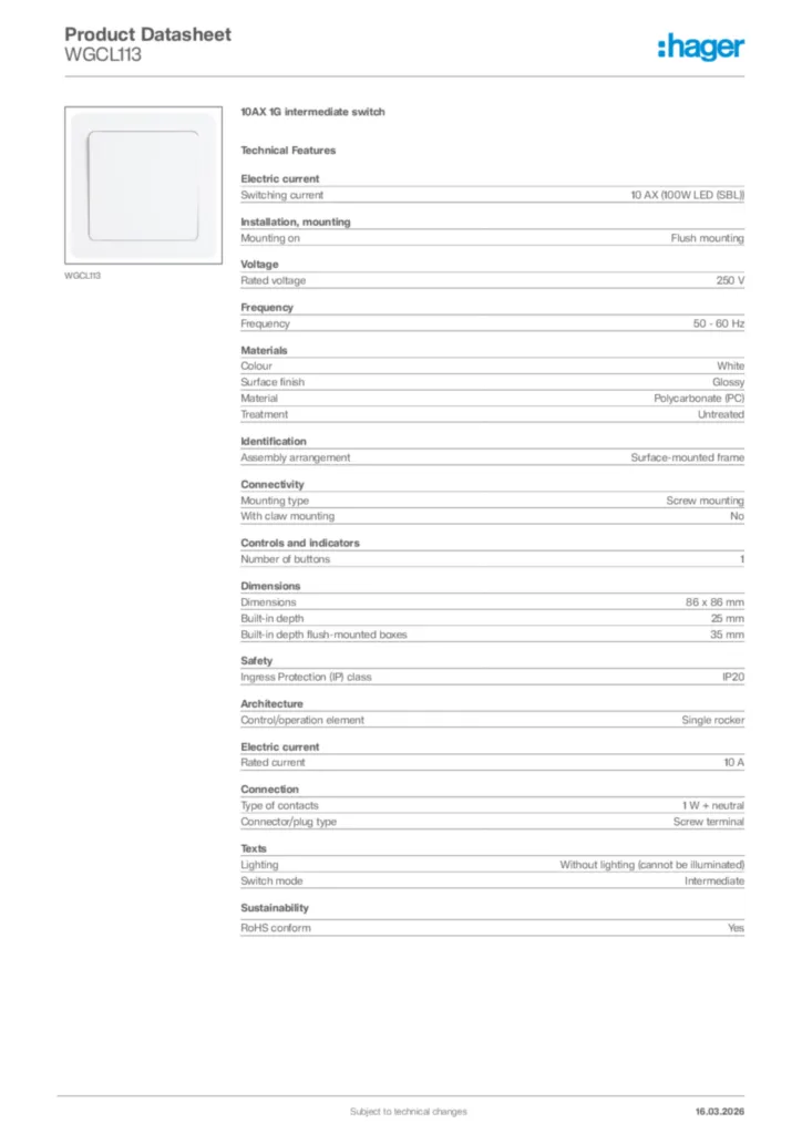 Image Hager Product data sheet WGCL113  | Hager