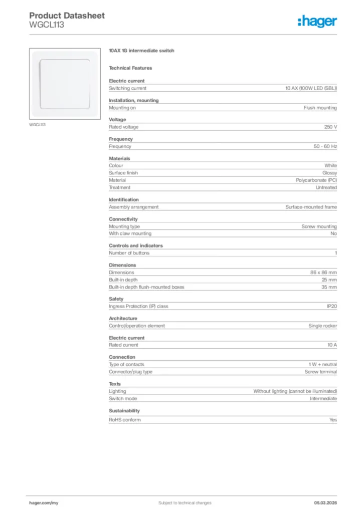 Image Hager Product data sheet WGCL113  | Hager