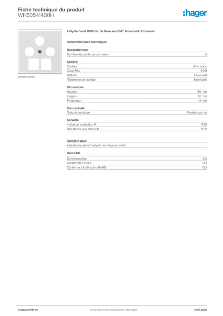 Image Hager Fiche technique du produit WH50541400H | Hager Suisse