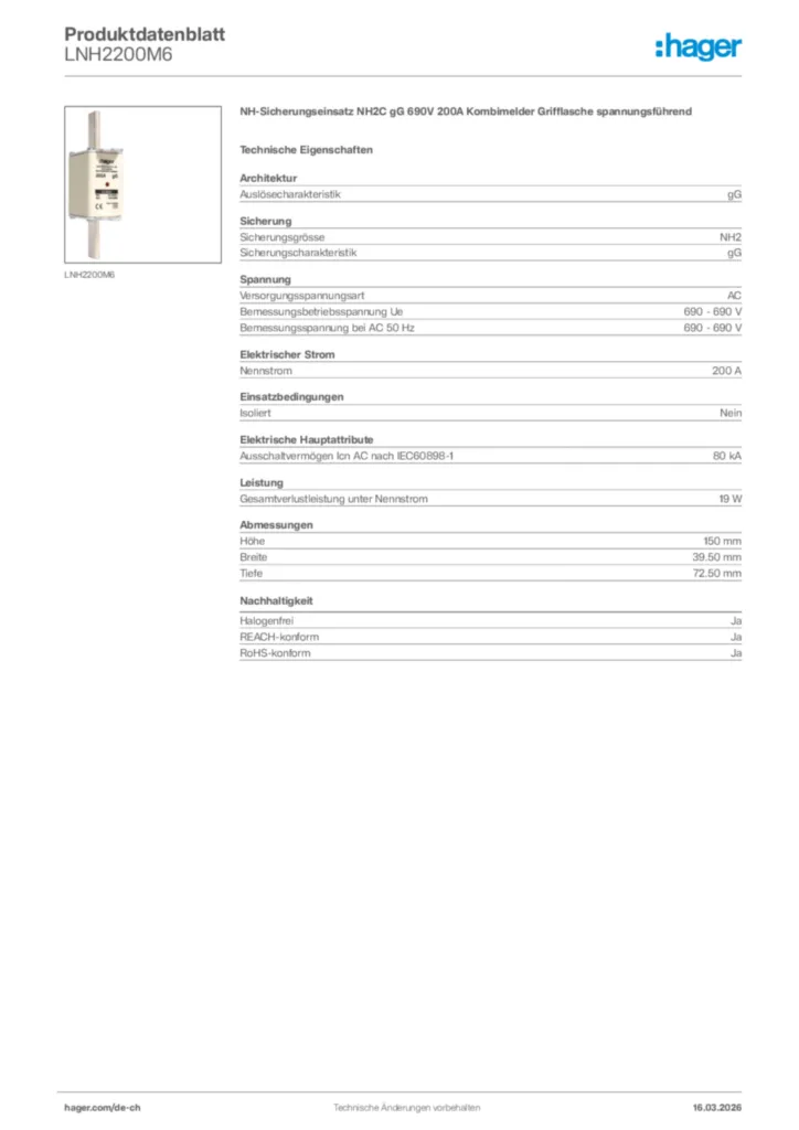 Bild Hager Produktdatenblatt LNH2200M6 | Hager Schweiz