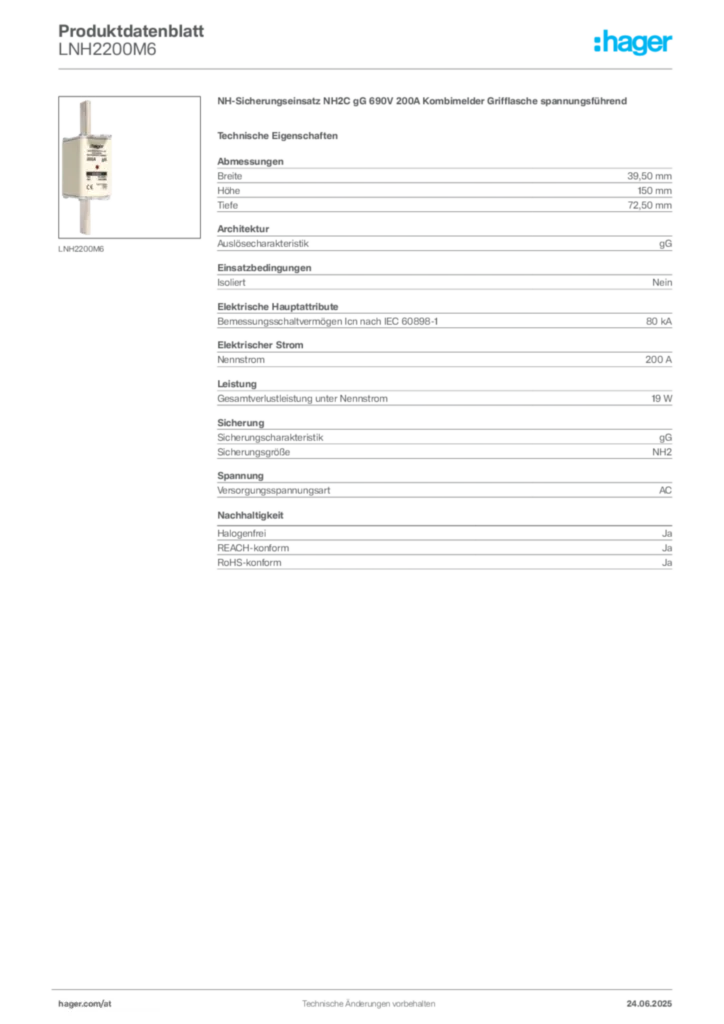 Bild Hager Produktdatenblatt LNH2200M6 | Hager Deutschland