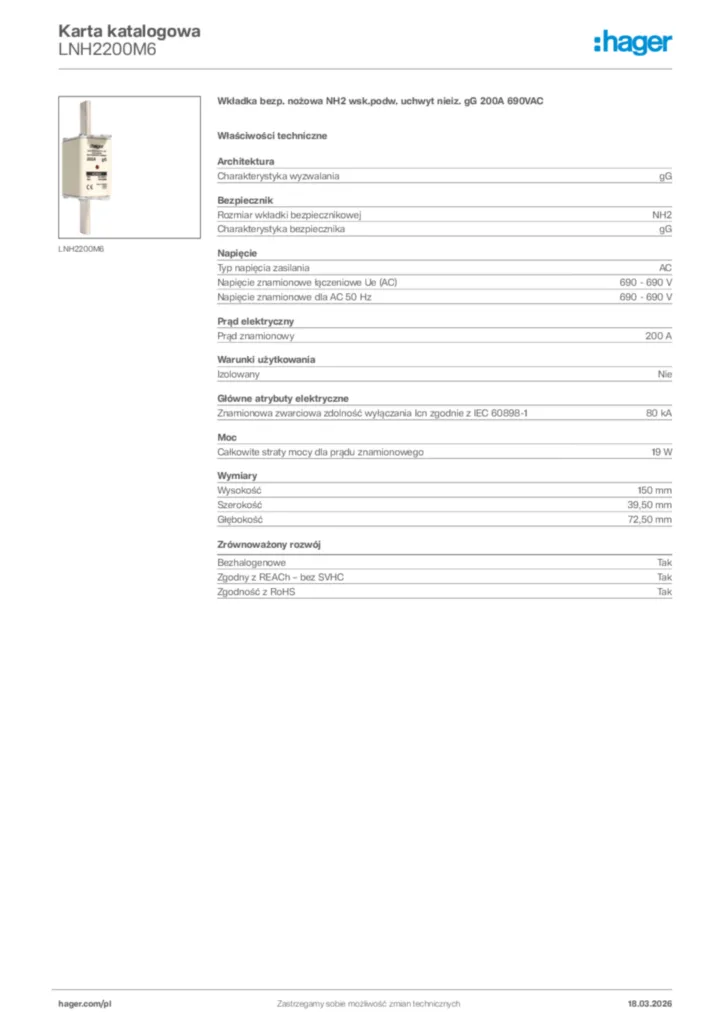 Zdjęcie Hager Karta katalogowa LNH2200M6 | Hager Polska