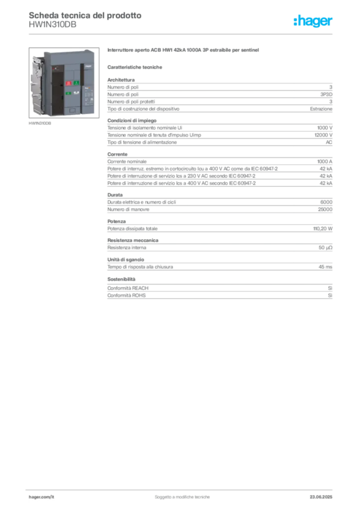 Immagine Hager Scheda tecnica del prodotto HW1N310DB | Hager Italia