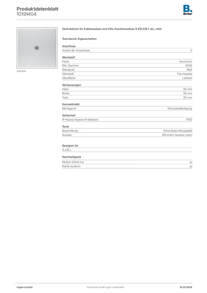 Bild Berker Produktdatenblatt 10191404 | Hager Deutschland