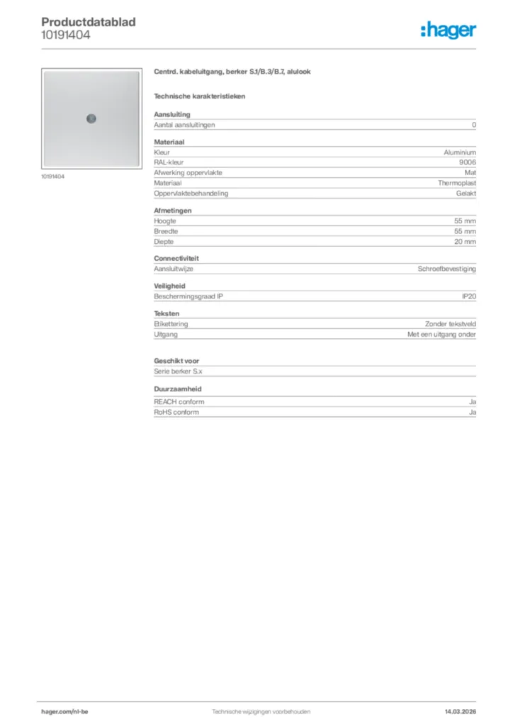 Afbeelding Hager Productdatablad 10191404 | Hager Belgium