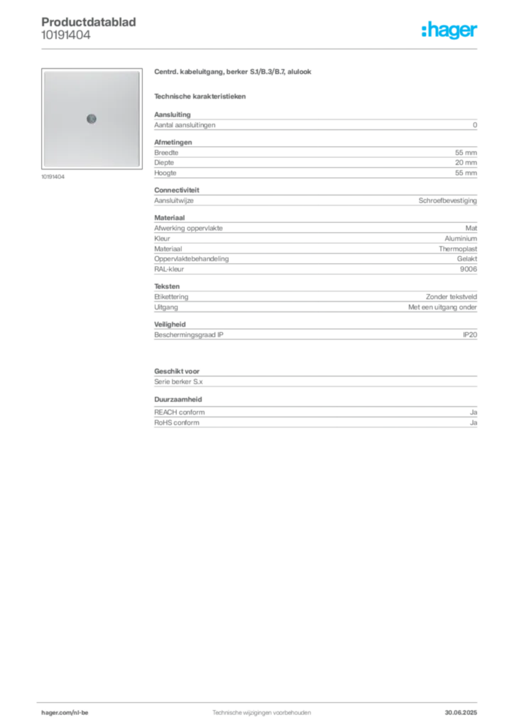 Afbeelding Hager Productdatablad 10191404 | Hager Belgium