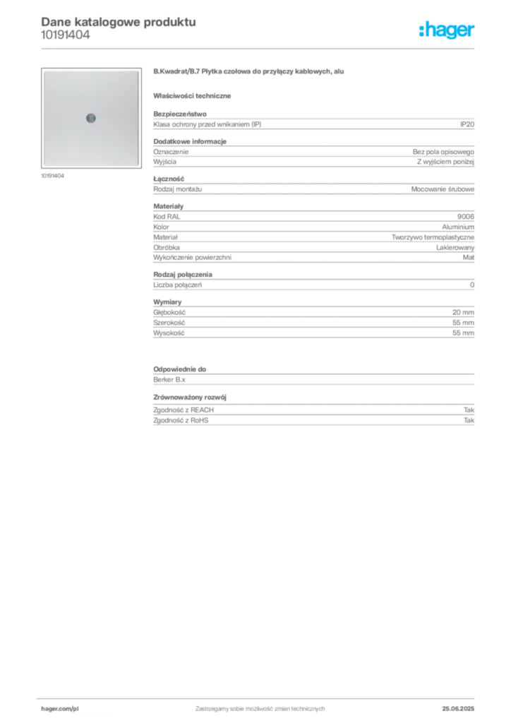 Zdjęcie Hager Dane katalogowe produktu 10191404 | Hager Polska