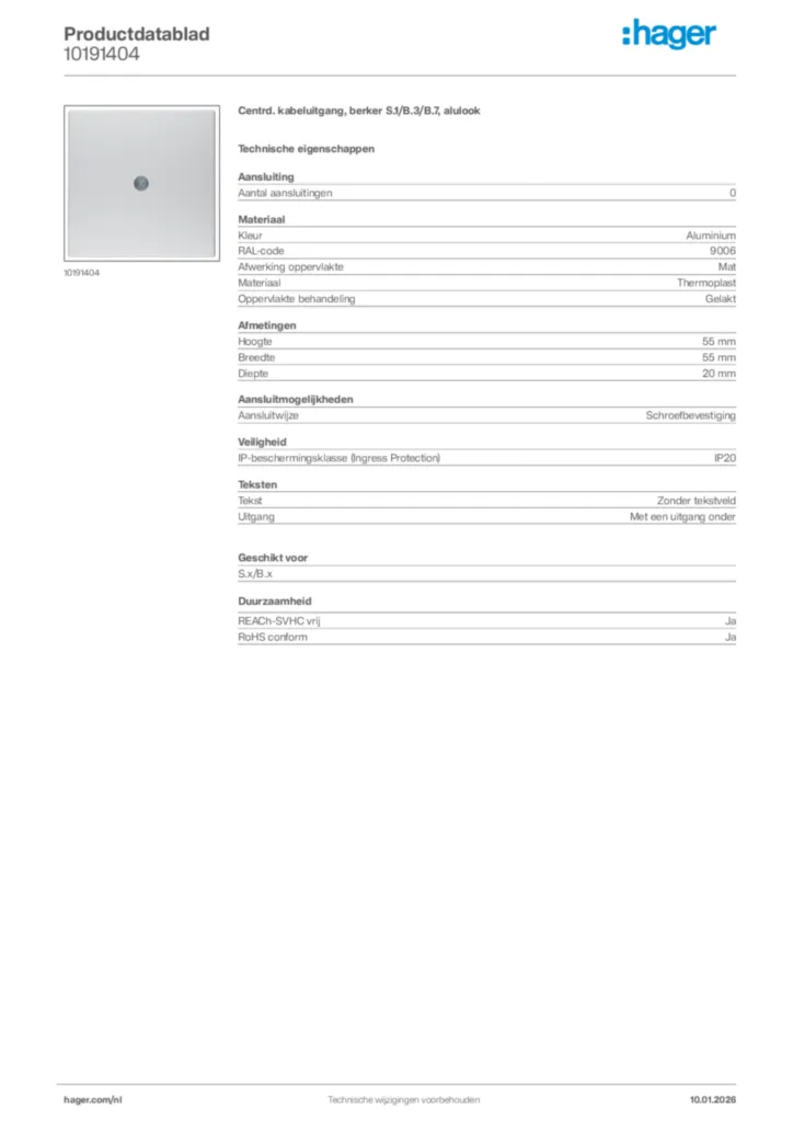 Afbeelding Hager Productdatablad 10191404 | Hager Nederland