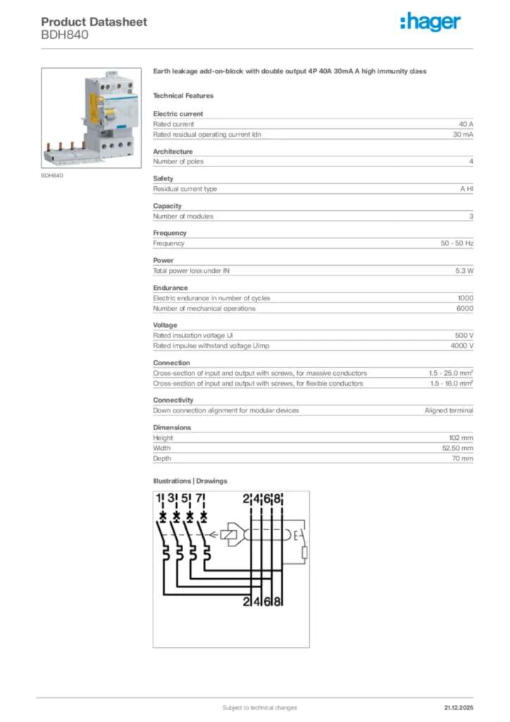 Image Hager Product data sheet BDH840  | Hager Africa