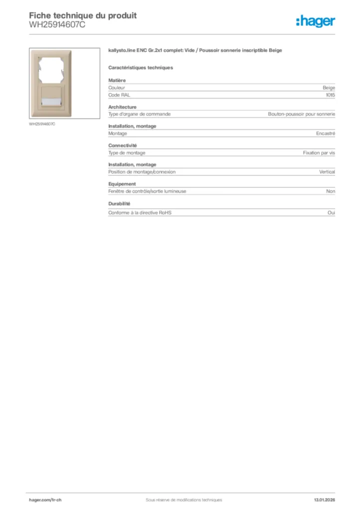 Image Hager Fiche technique du produit WH25914607C | Hager Suisse