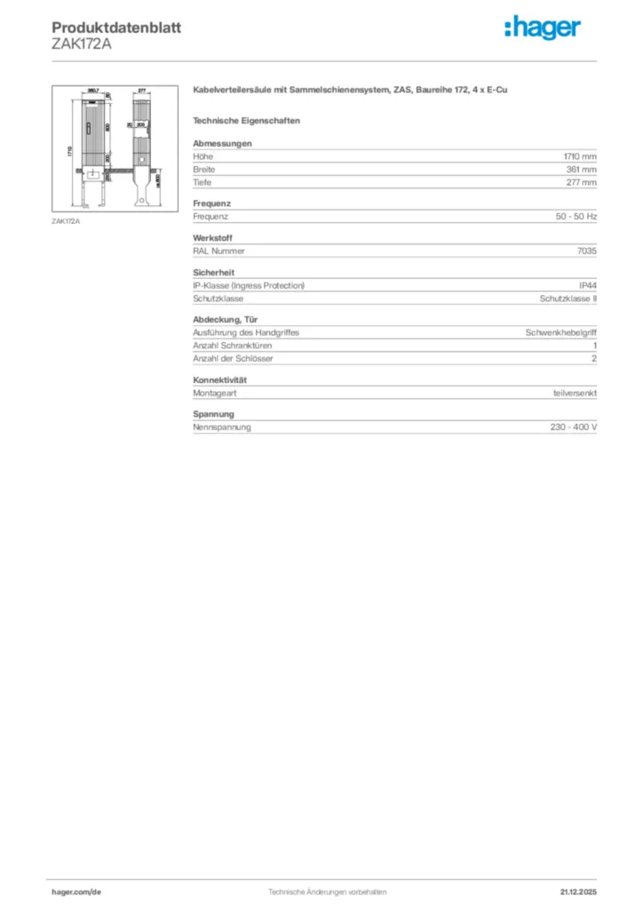Bild Hager Produktdatenblatt ZAK172A | Hager Deutschland