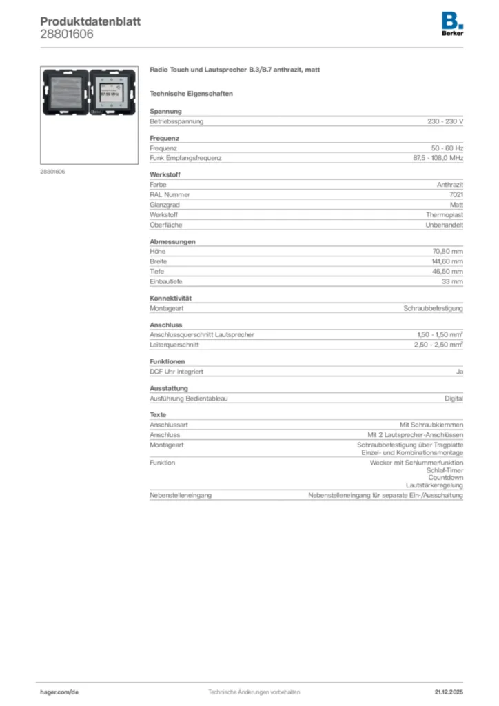 Bild Berker Produktdatenblatt 28801606 | Hager Deutschland