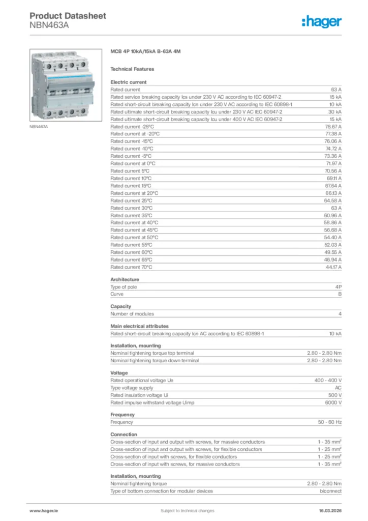 Image Hager Product data sheet NBN463A  | Hager
