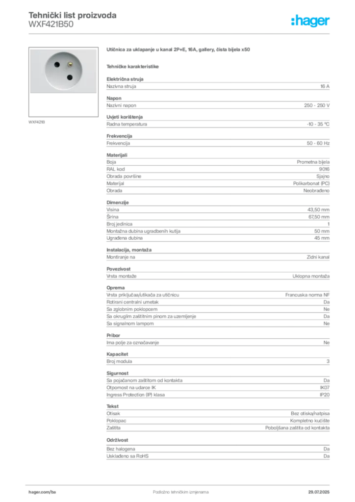 Slika Hager Product data sheet WXF421B50  | Hager