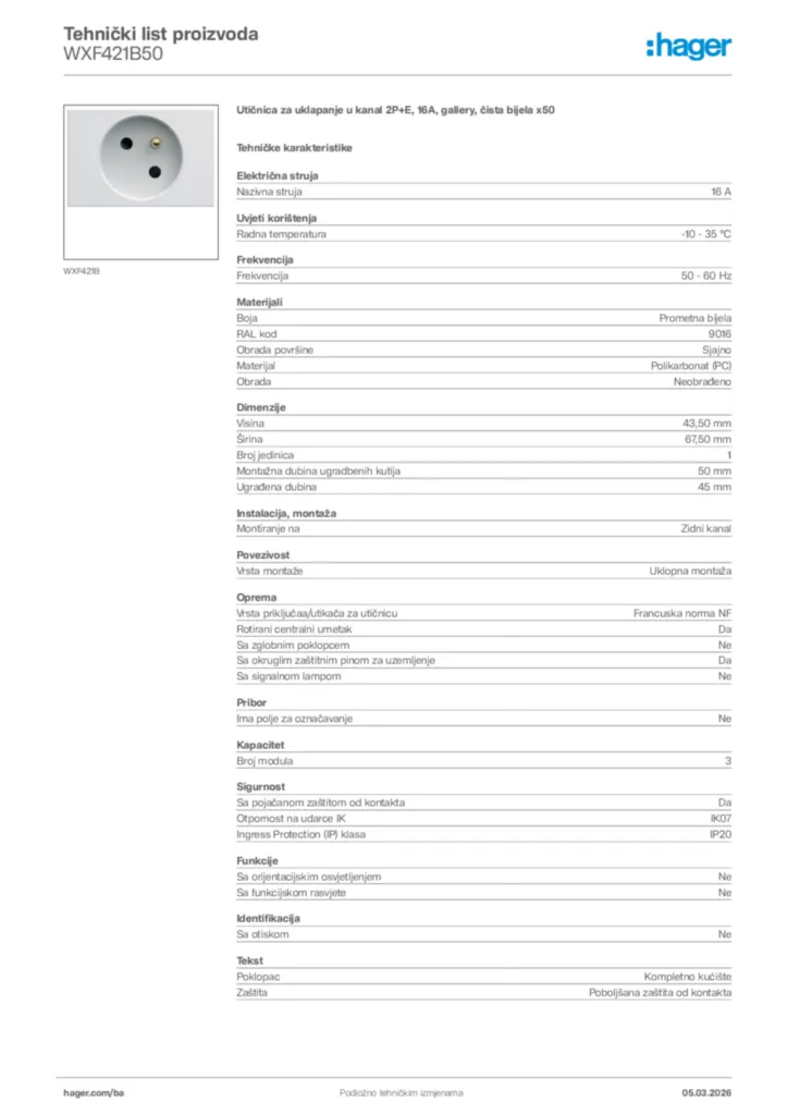 Slika Hager Tehnički list proizvoda WXF421B50  | Hager