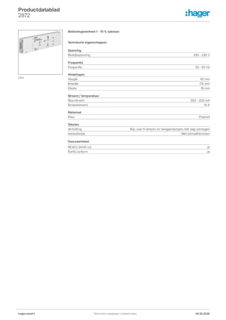 Afbeelding Hager Productdatablad 2872 | Hager Nederland
