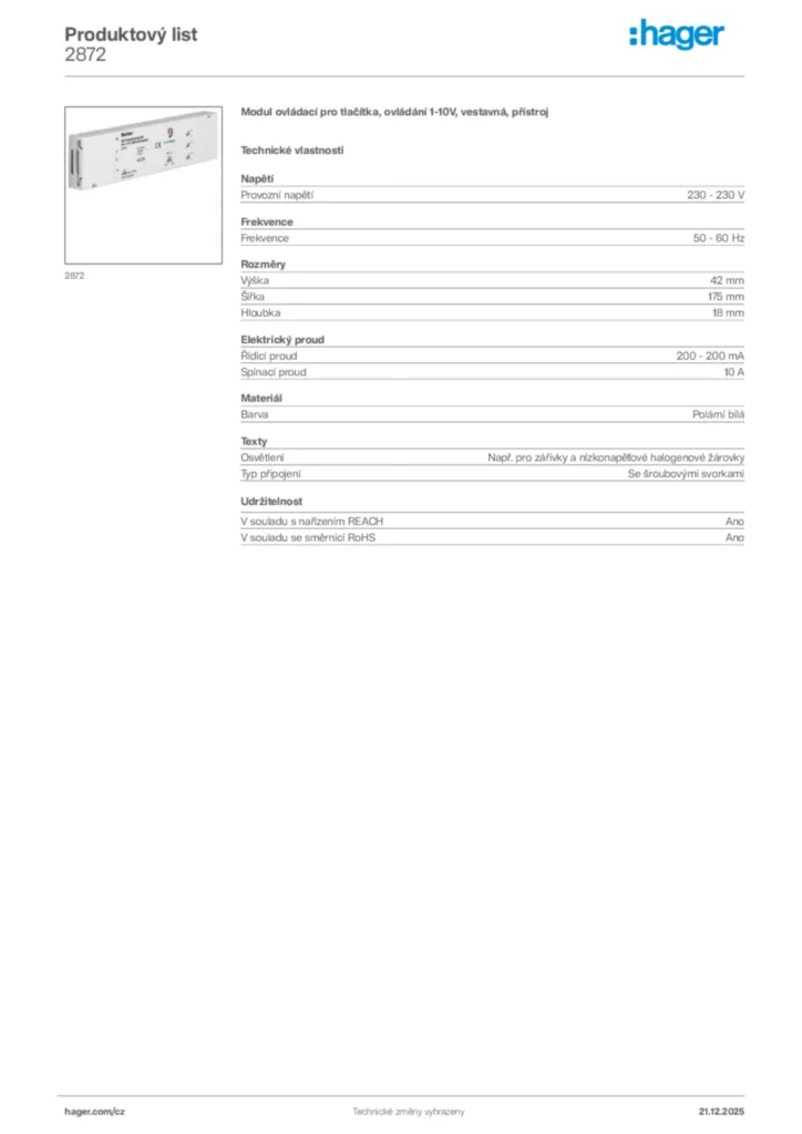 Obrázek Hager Produktový list 2872 | Hager