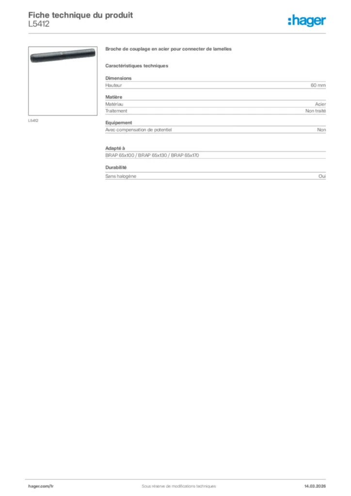 Image Hager Fiche technique du produit L5412 | Hager France