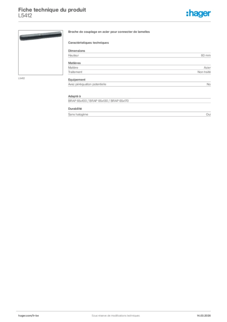 Image Hager Fiche technique du produit L5412 | Hager Belgique