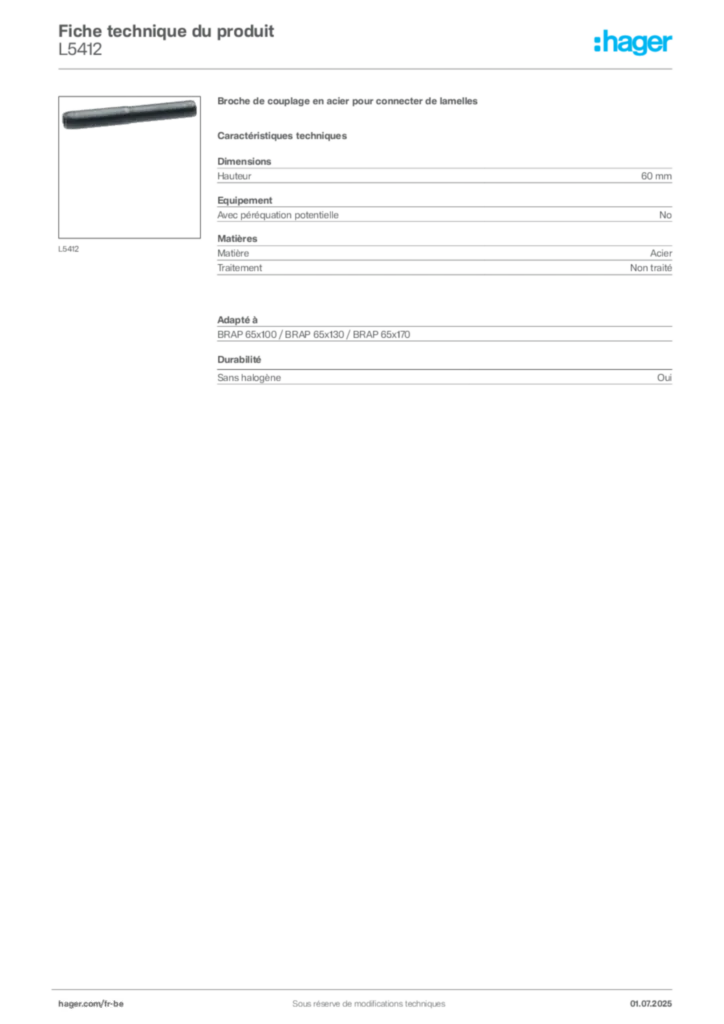 Image Hager Fiche technique du produit L5412 | Hager Belgique
