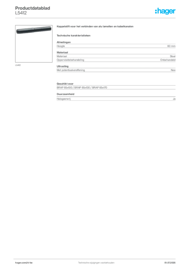 Afbeelding Hager Productdatablad L5412 | Hager Belgium