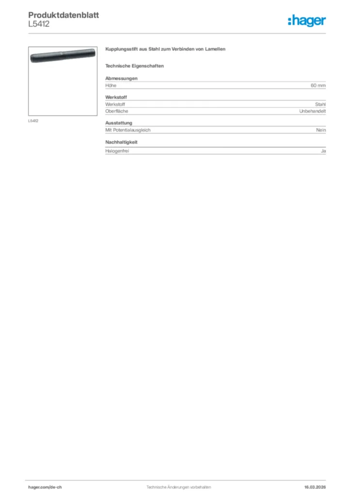 Bild Hager Produktdatenblatt L5412 | Hager Schweiz